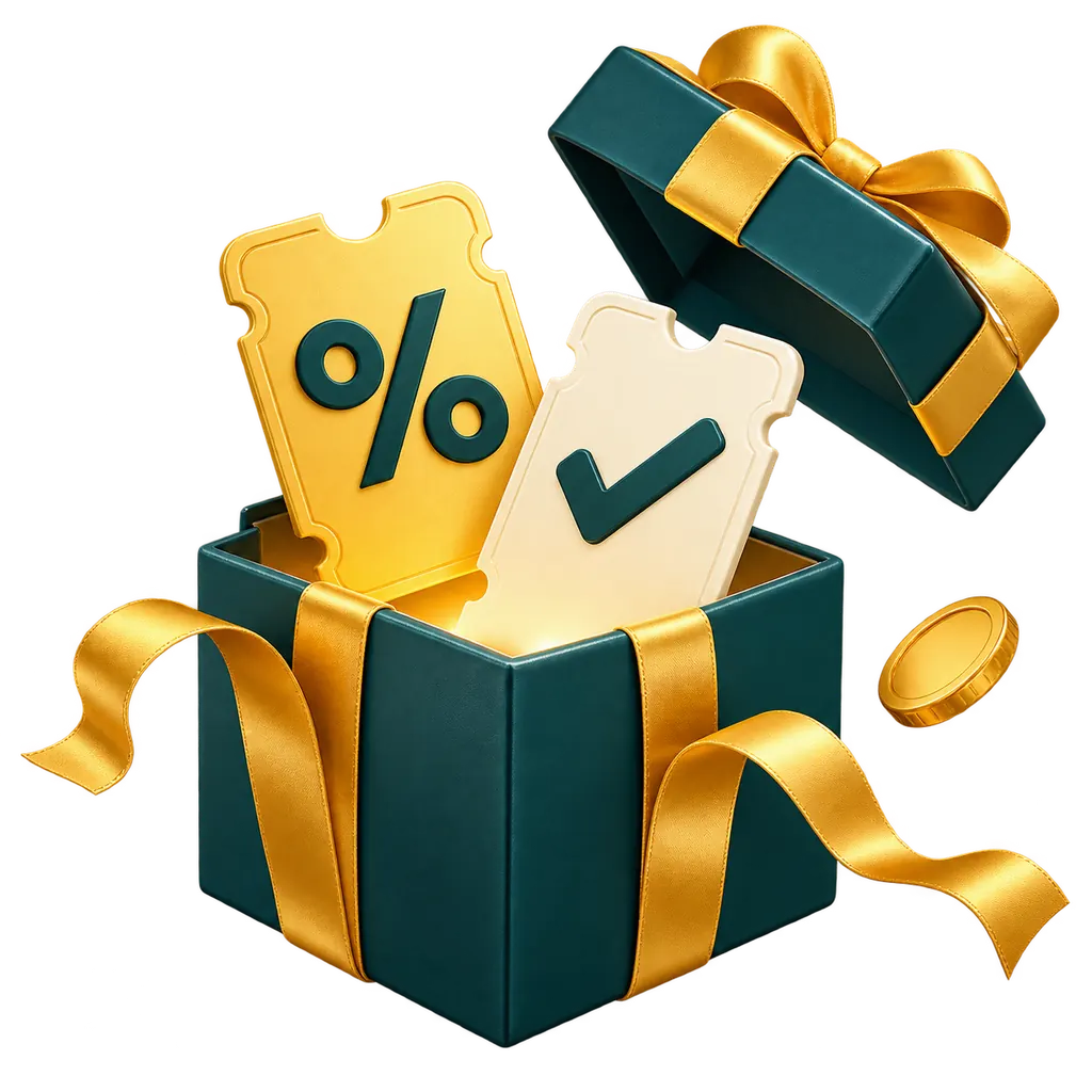 A teal gift box with a golden ribbon, floating coupon tickets and a golden coin